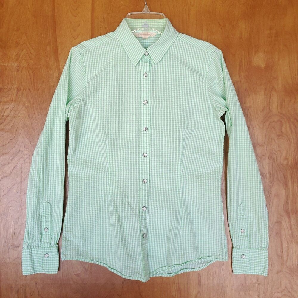 Brooks Brothers Seersucker Shirt Womens 2 Green 100% Cotton Gingham Preppy Retro